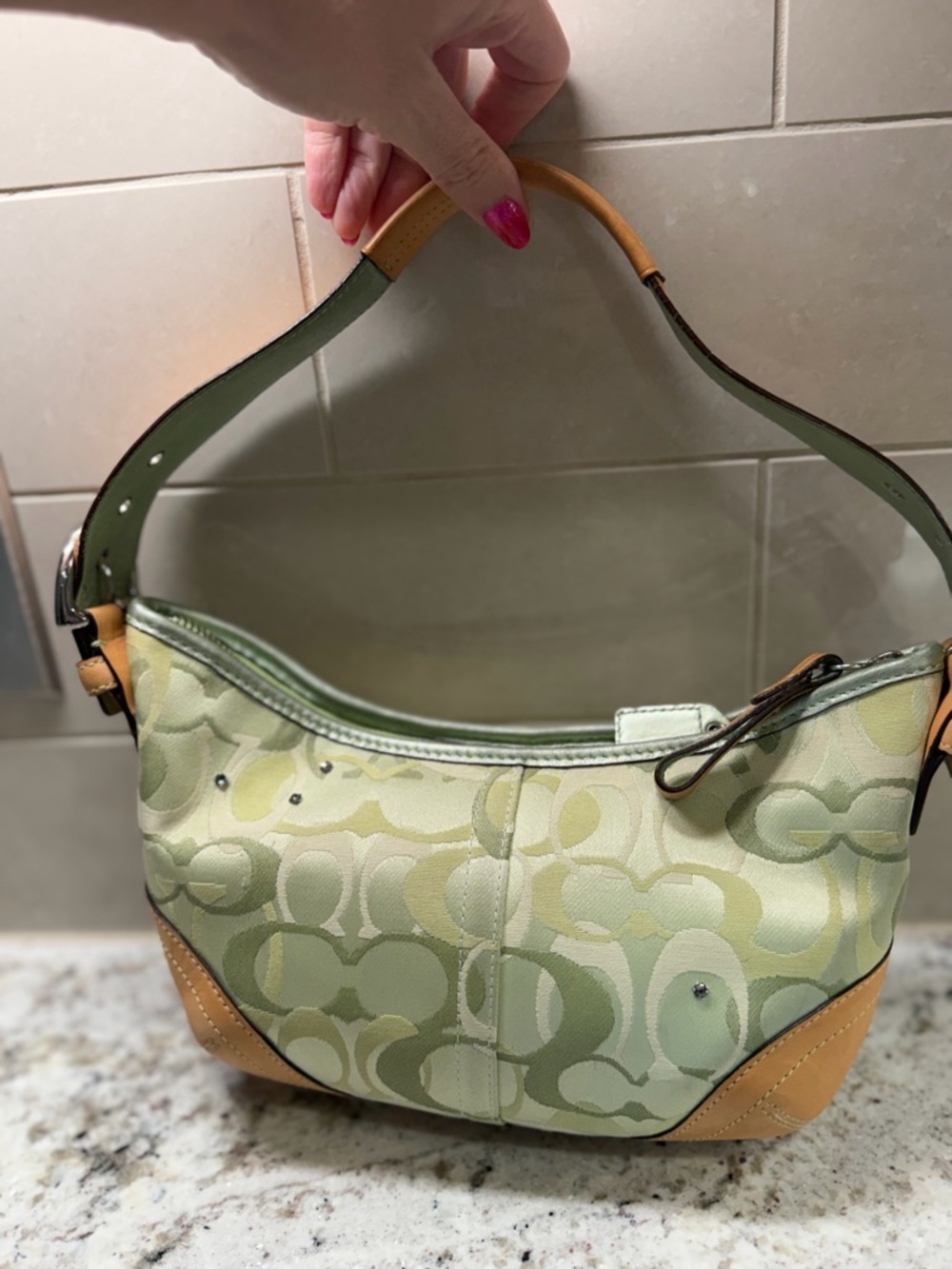 Vintage Coach Light Green Signature Hobo with Tan Trim and Ladybug Accents - Picture 2 of 16